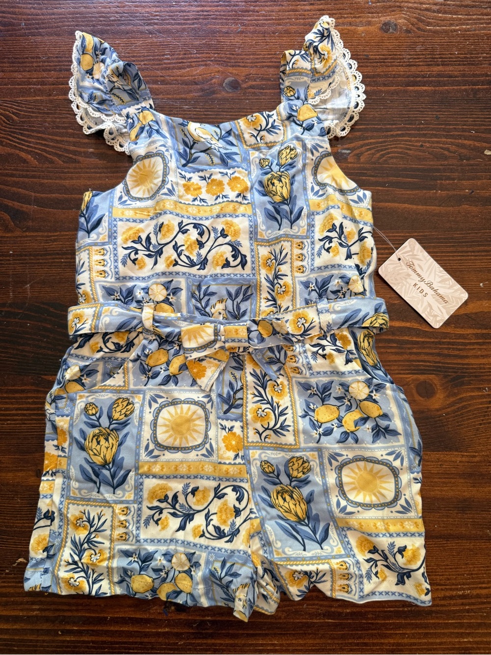 Tommy Bahama Kids Blue and Yellow Floral Patchwork Romper